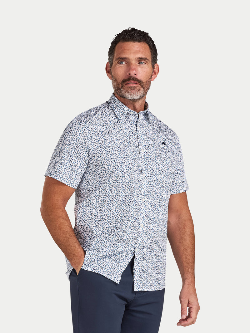 Short Sleeve Floral Cotton Poplin Shirt - Sky Blue on White