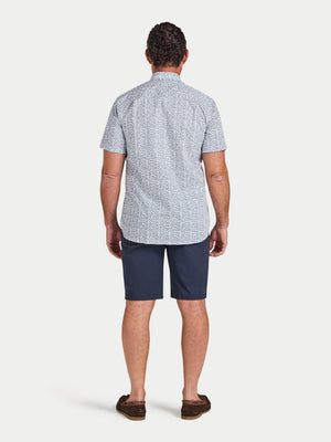 Short Sleeve Floral Cotton Poplin Shirt - Sky Blue on White