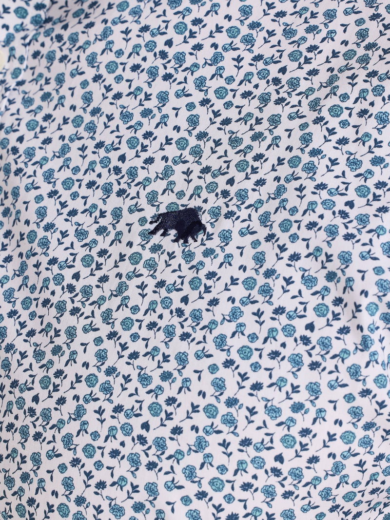 Short Sleeve Floral Cotton Poplin Shirt - Sky Blue on White
