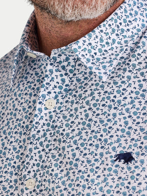Short Sleeve Floral Cotton Poplin Shirt - Sky Blue on White
