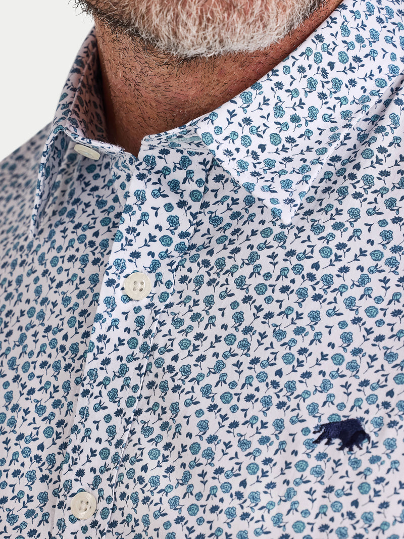 Short Sleeve Floral Cotton Poplin Shirt - Sky Blue on White