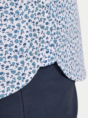Short Sleeve Floral Cotton Poplin Shirt - Sky Blue on White