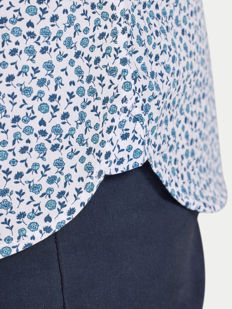 Short Sleeve Floral Cotton Poplin Shirt - Sky Blue on White