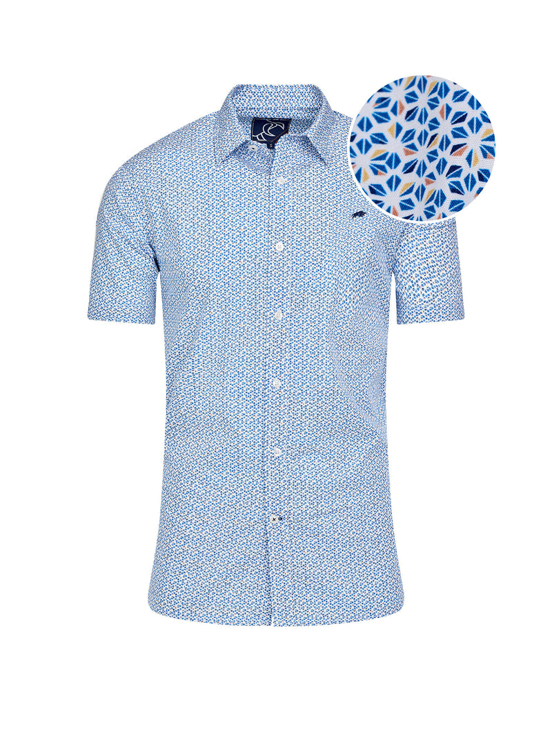 Short Sleeve Pentagon Pattern Cotton Poplin Shirt - White