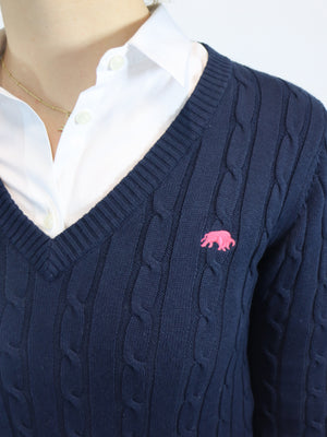 Classic Cable Knit V Neck Knit - Navy