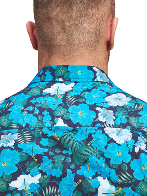 Short Sleeve Hawaiian Print Shirt - Mid Blue