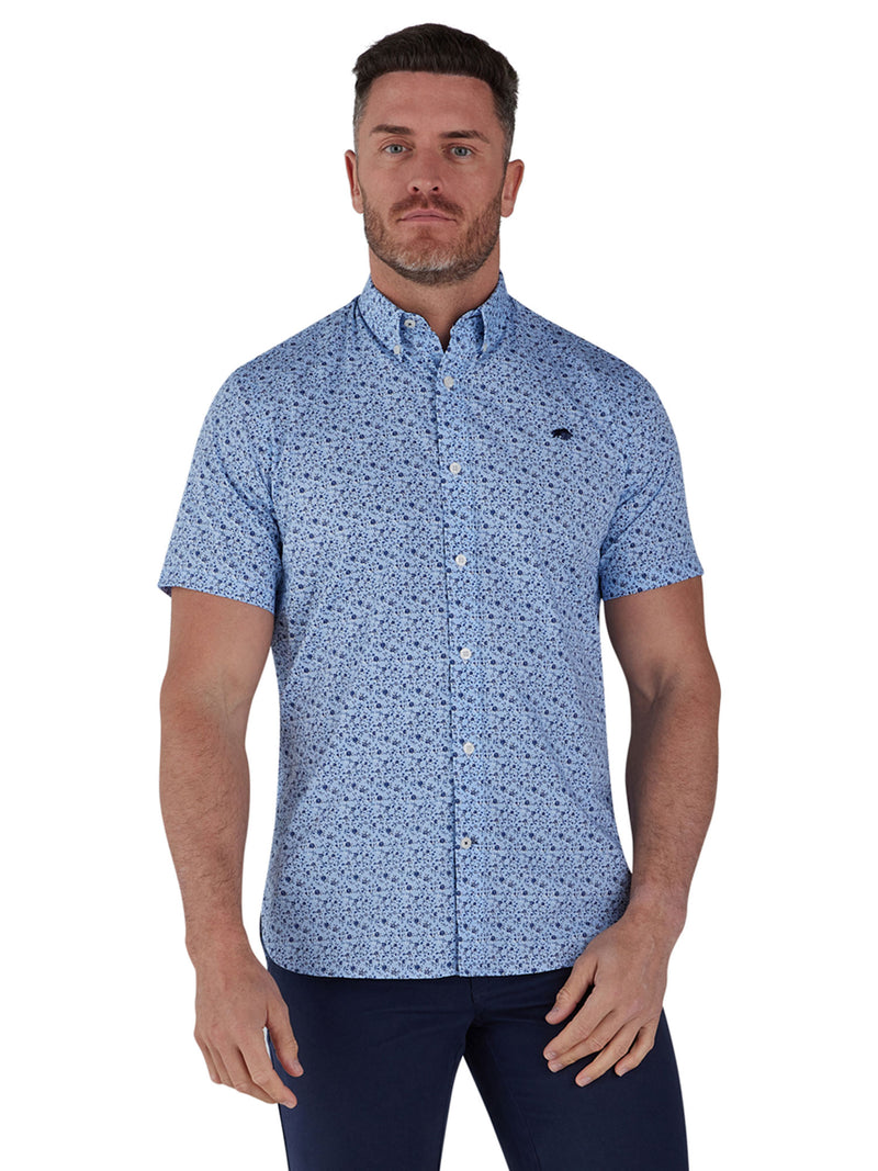 Short Sleeve Flower Bud Print Poplin Shirt - Sky Blue