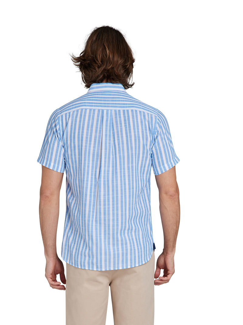 Short Sleeve Multi Stripe Linen Look Shirt - Mid Blue