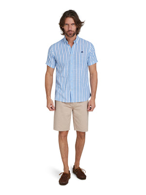 Short Sleeve Multi Stripe Linen Look Shirt - Mid Blue