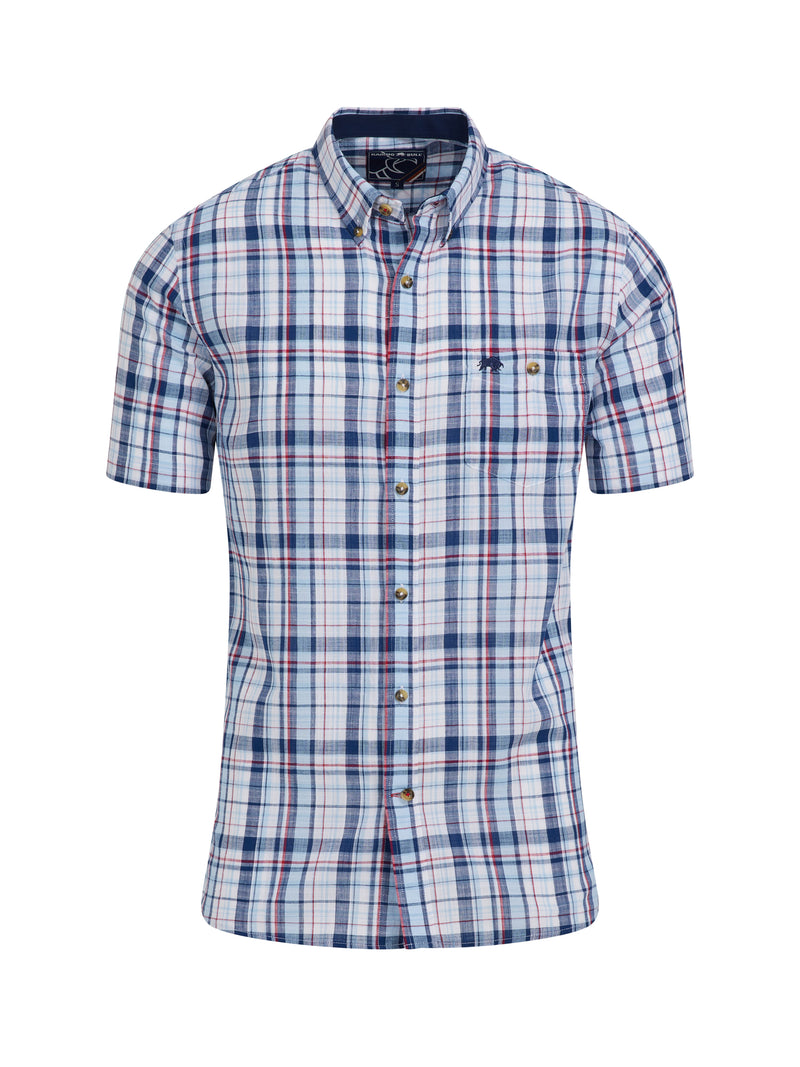 Short Sleeve Large Multi Check Linen Look Shirt - Navy