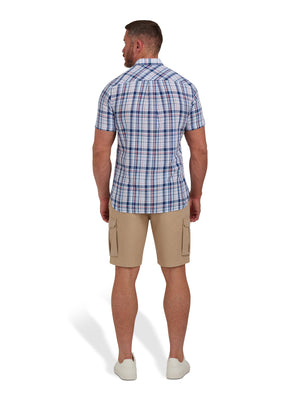 Short Sleeve Large Multi Check Linen Look Shirt  - Navy