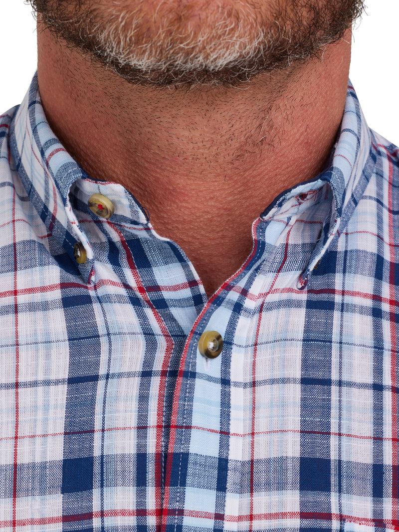 Short Sleeve Large Multi Check Linen Look Shirt - Navy
