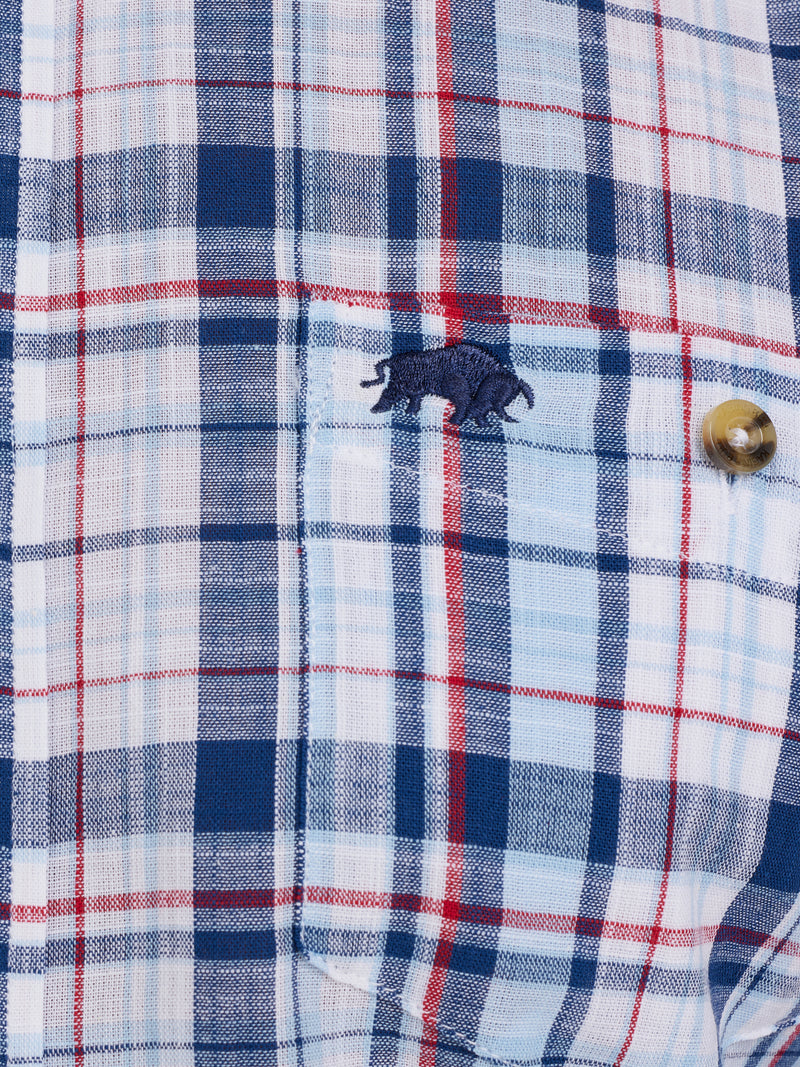 Short Sleeve Large Multi Check Linen Look Shirt - Navy