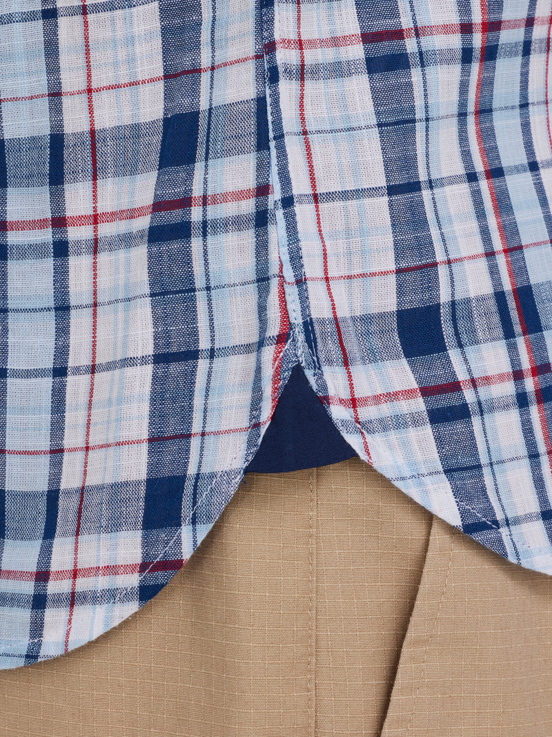 Short Sleeve Large Multi Check Linen Look Shirt - Navy