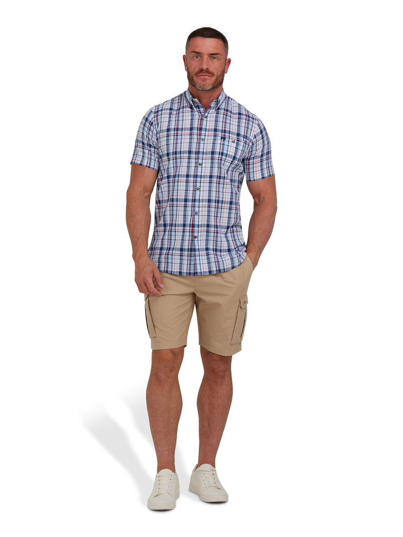 Short Sleeve Large Multi Check Linen Look Shirt - Navy