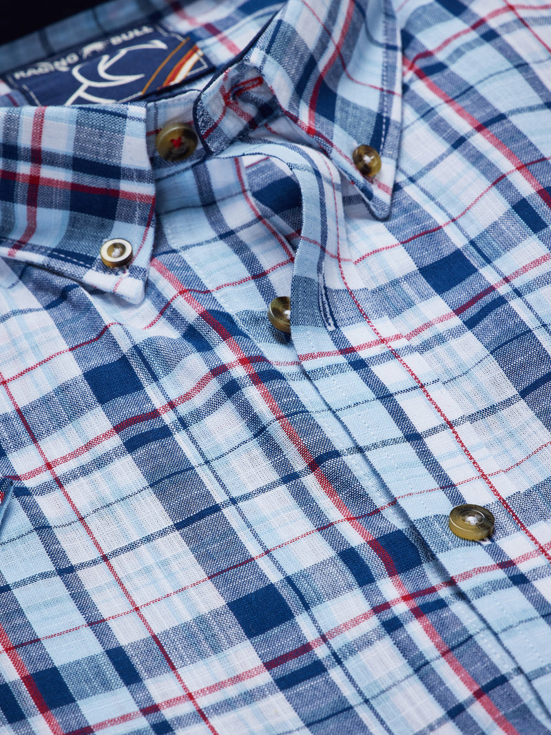 Short Sleeve Large Multi Check Linen Look Shirt - Navy