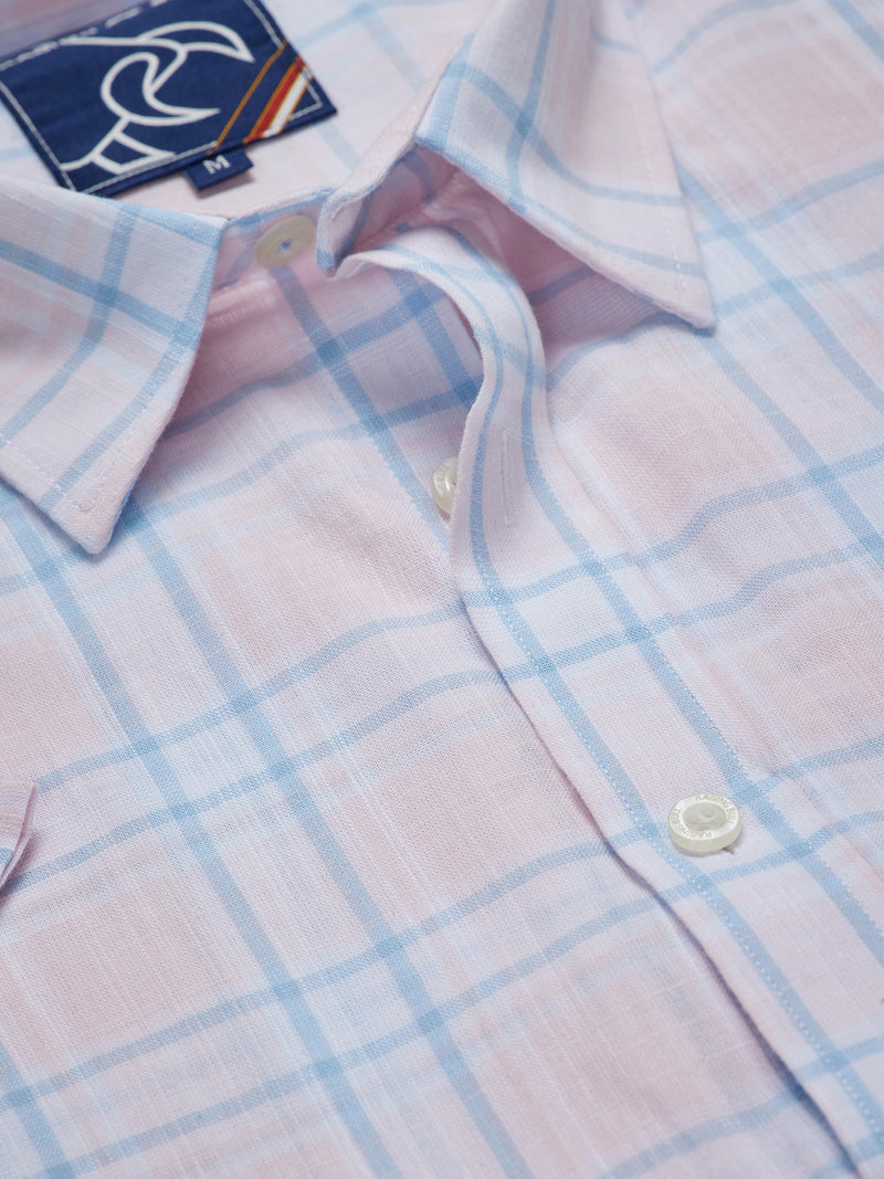 Short Sleeve Plaid Check Linen Look Shirt  - Pink