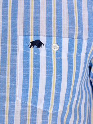 Short Sleeve Multi Stripe Cotton Linen Look Shirt - Mid Blue