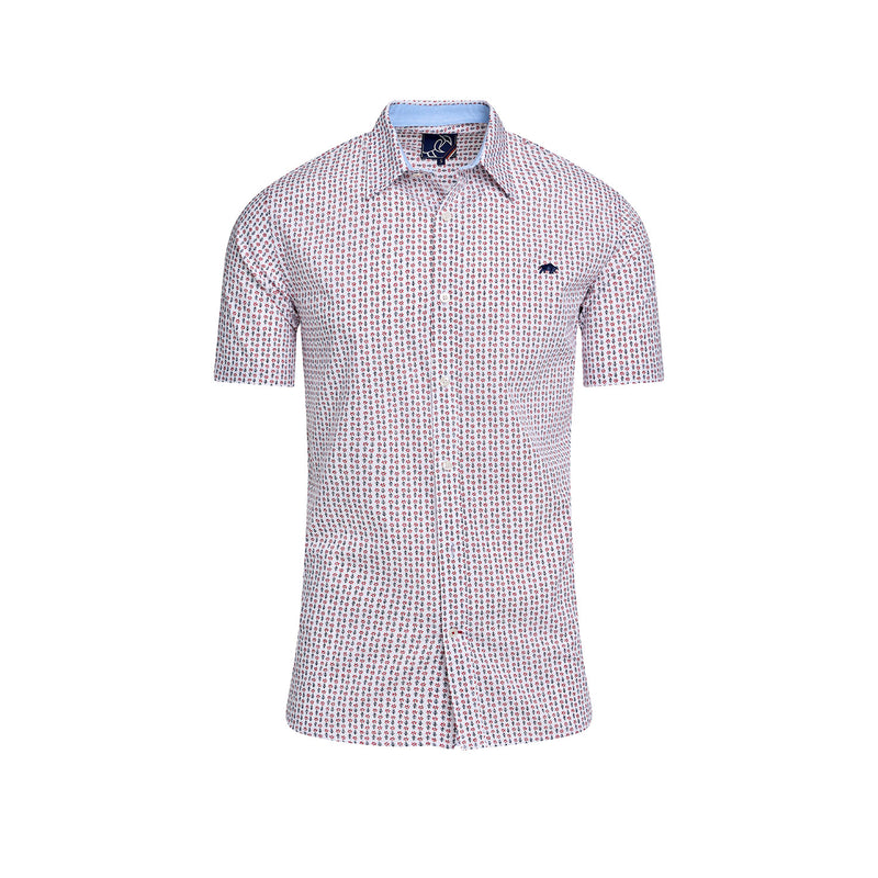 Short Sleeve Flower Geo Cotton Poplin Shirt - White