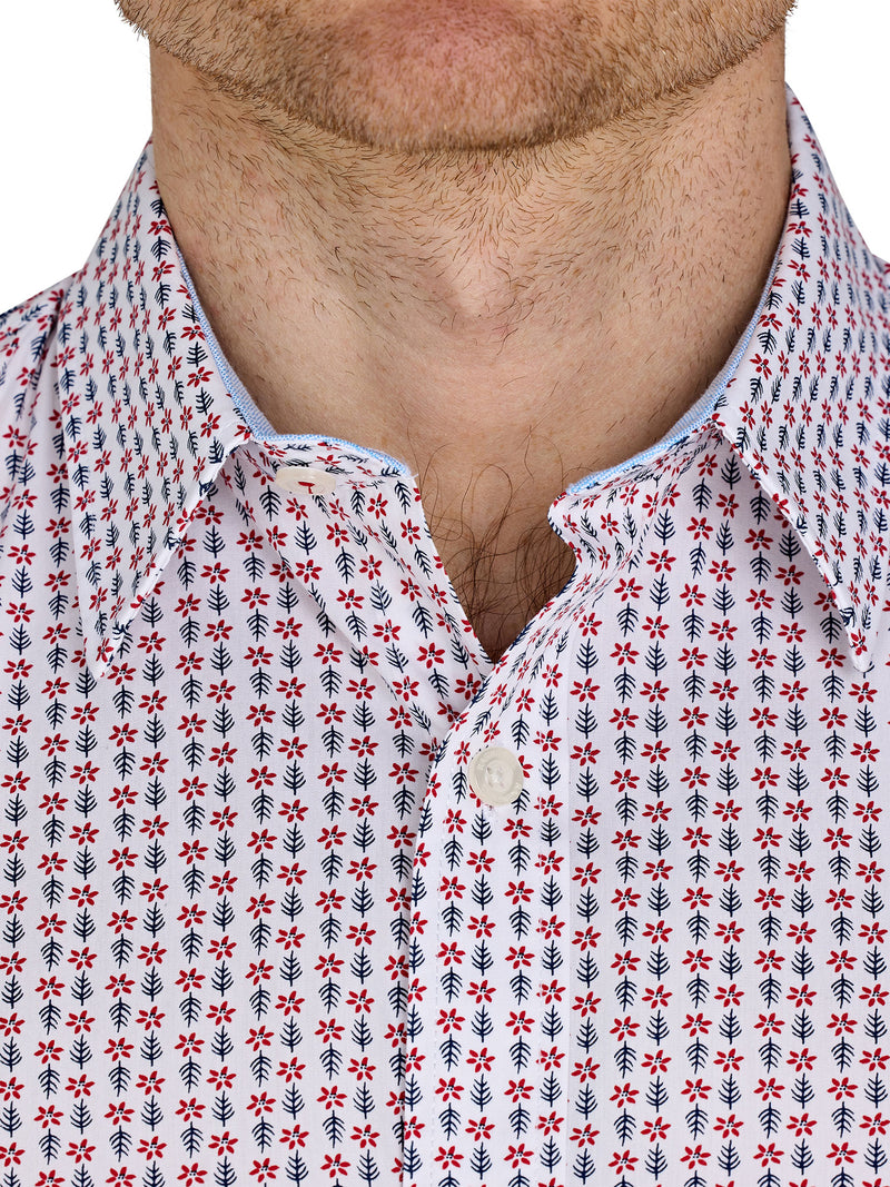 Short Sleeve Flower Geo Cotton Poplin Shirt - White