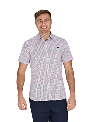 Short Sleeve Flower Geo Cotton Poplin Shirt - White