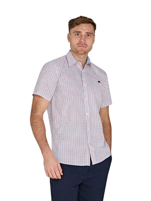 Short Sleeve Flower Geo Cotton Poplin Shirt - White