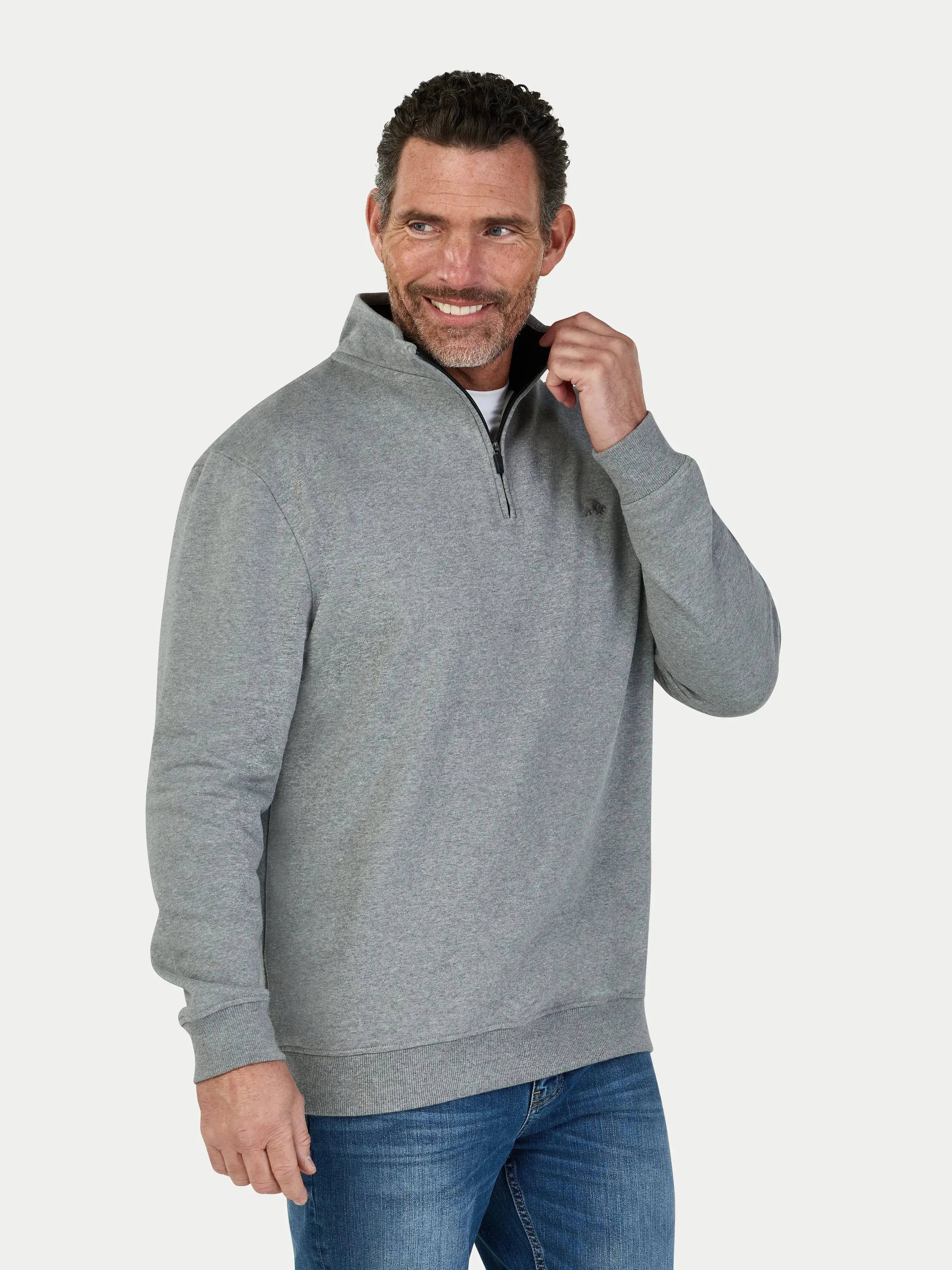 Man wearing a Raging Bull Classic Jersey Quarter Zip Sweatshirt - Grey Marl, front detail.