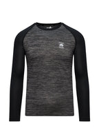 A long sleeve performance t-shirt in black color with a grey melange design. The shirt features the Raging Bull Sport branding and logo on the chest and back.