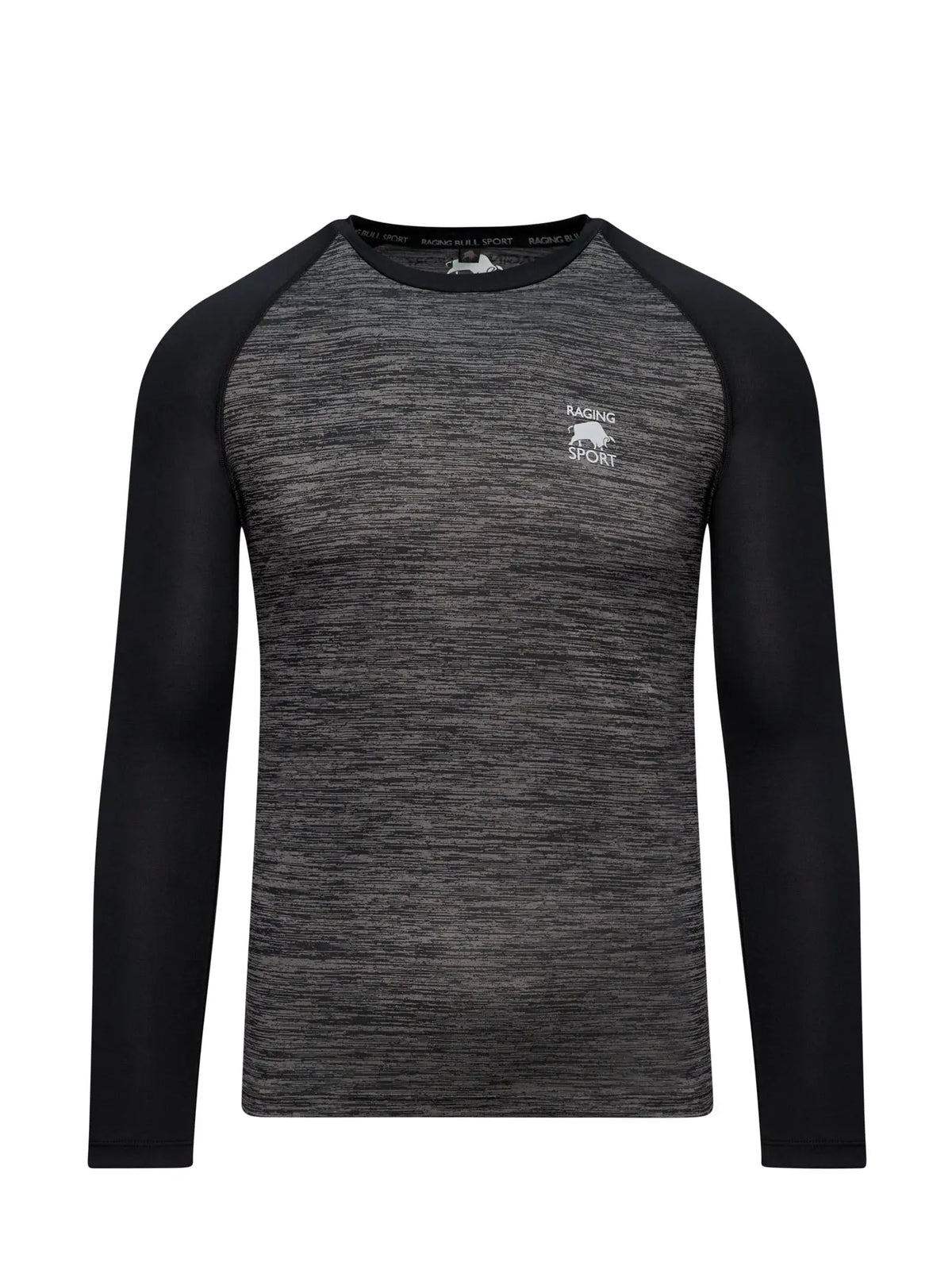 A long sleeve performance t-shirt in black color with a grey melange design. The shirt features the Raging Bull Sport branding and logo on the chest and back.