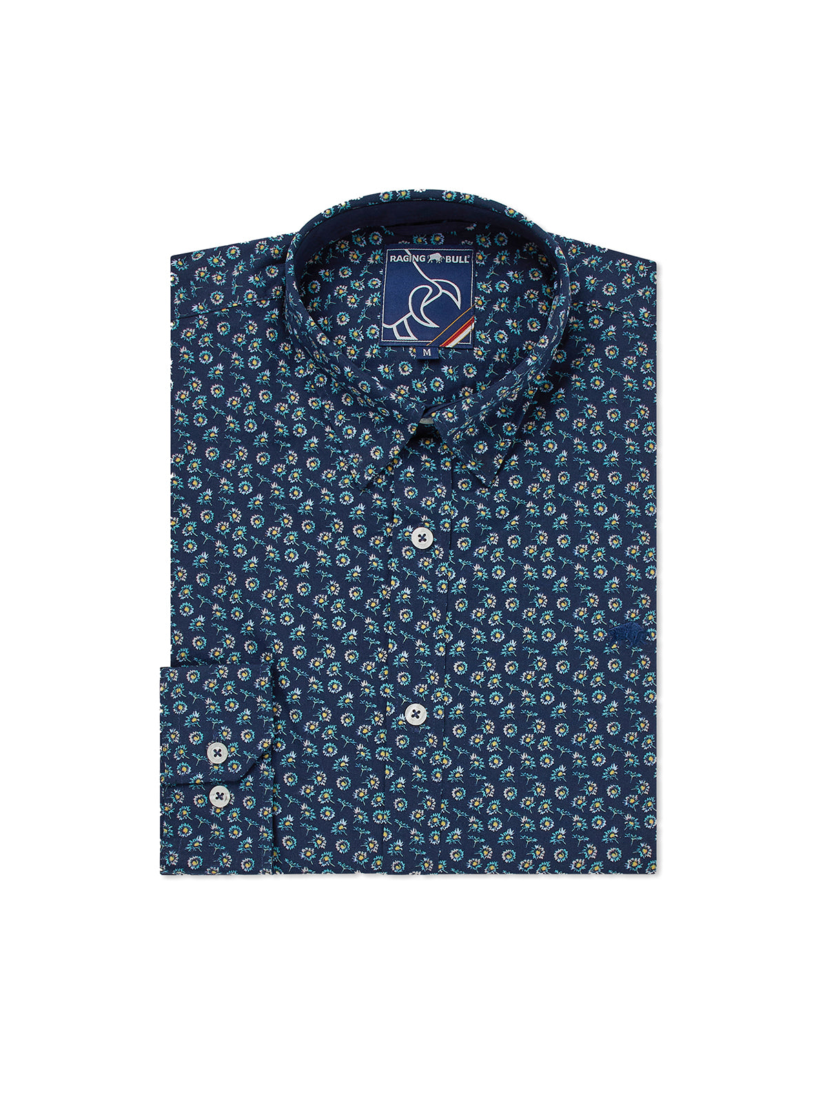 Long Sleeve Cotton Poplin Daisy Print Shirt - Navy
