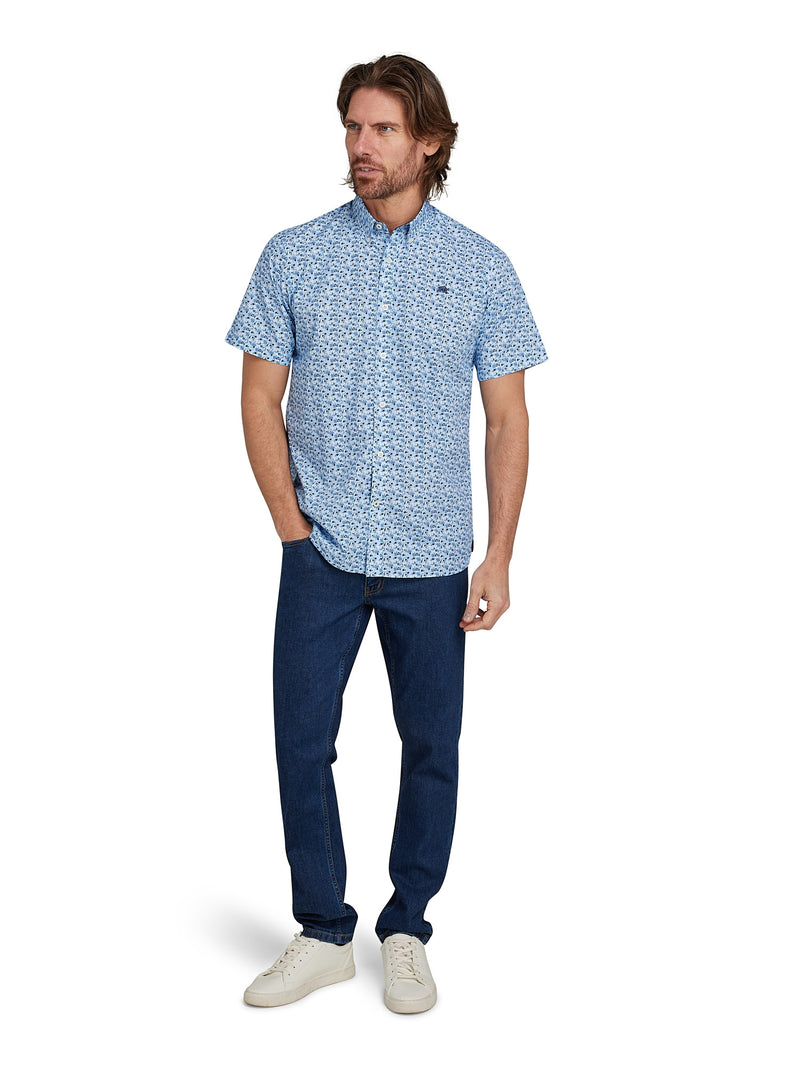 Short Sleeve Ditsy Floral Print Shirt - Mid Blue