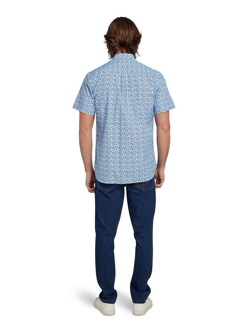 Short Sleeve Ditsy Floral Print Shirt - Mid Blue