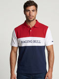 Man wearing a Raging Bull 2 colour panel pique polo in navy, front detail. 