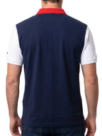 Man wearing a Raging Bull 3 colour panel pique polo in navy, back. 