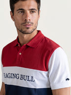 Man wearing a Raging Bull 3 colour panel pique polo in navy, front. 