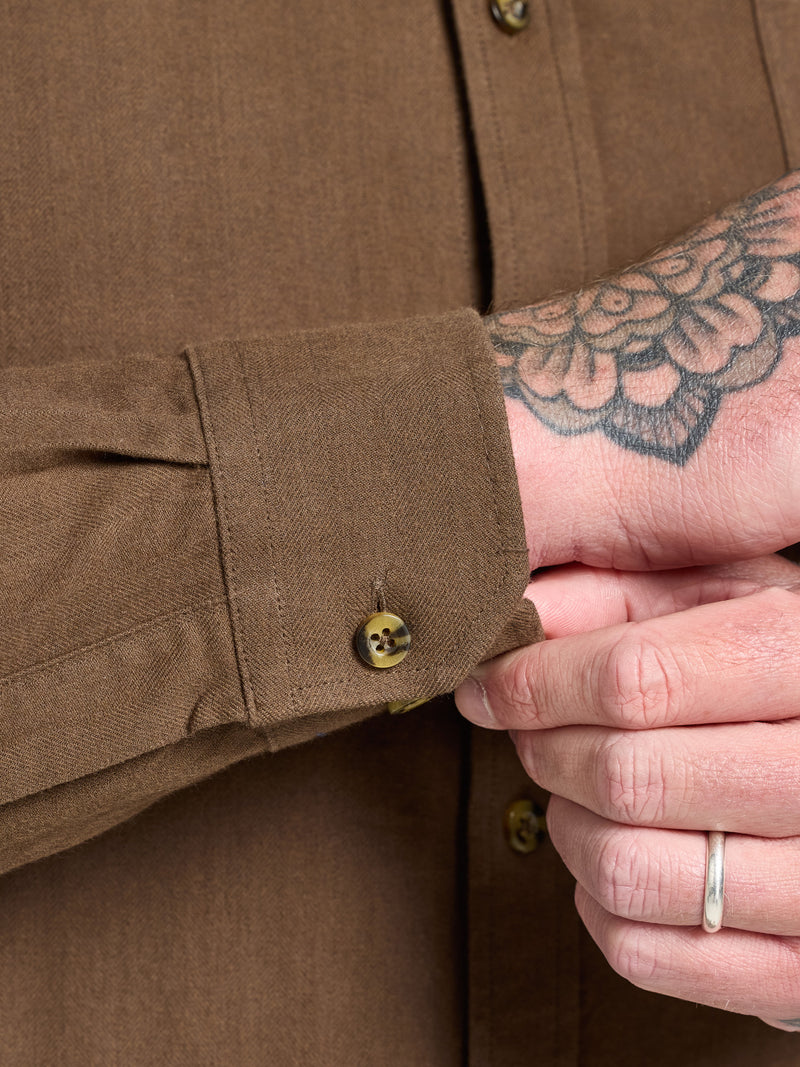 Long Sleeve Brushed Two Tone Bold Herringbone Shirt - Brown