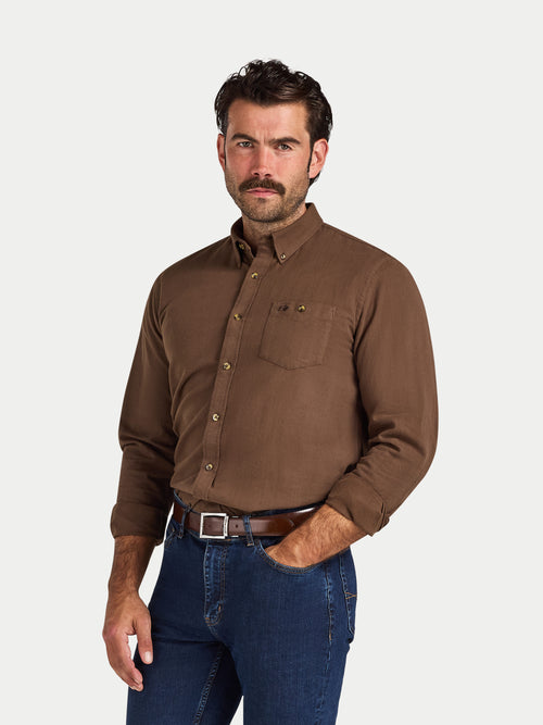 Long Sleeve Brushed Two Tone Bold Herringbone Shirt - Brown