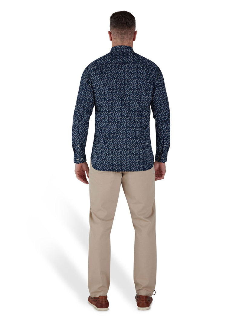 Long Sleeve Cotton Poplin Daisy Print Shirt - Navy