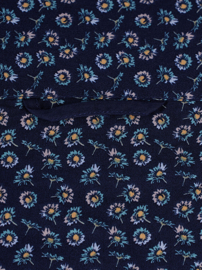 Long Sleeve Cotton Poplin Daisy Print Shirt - Navy