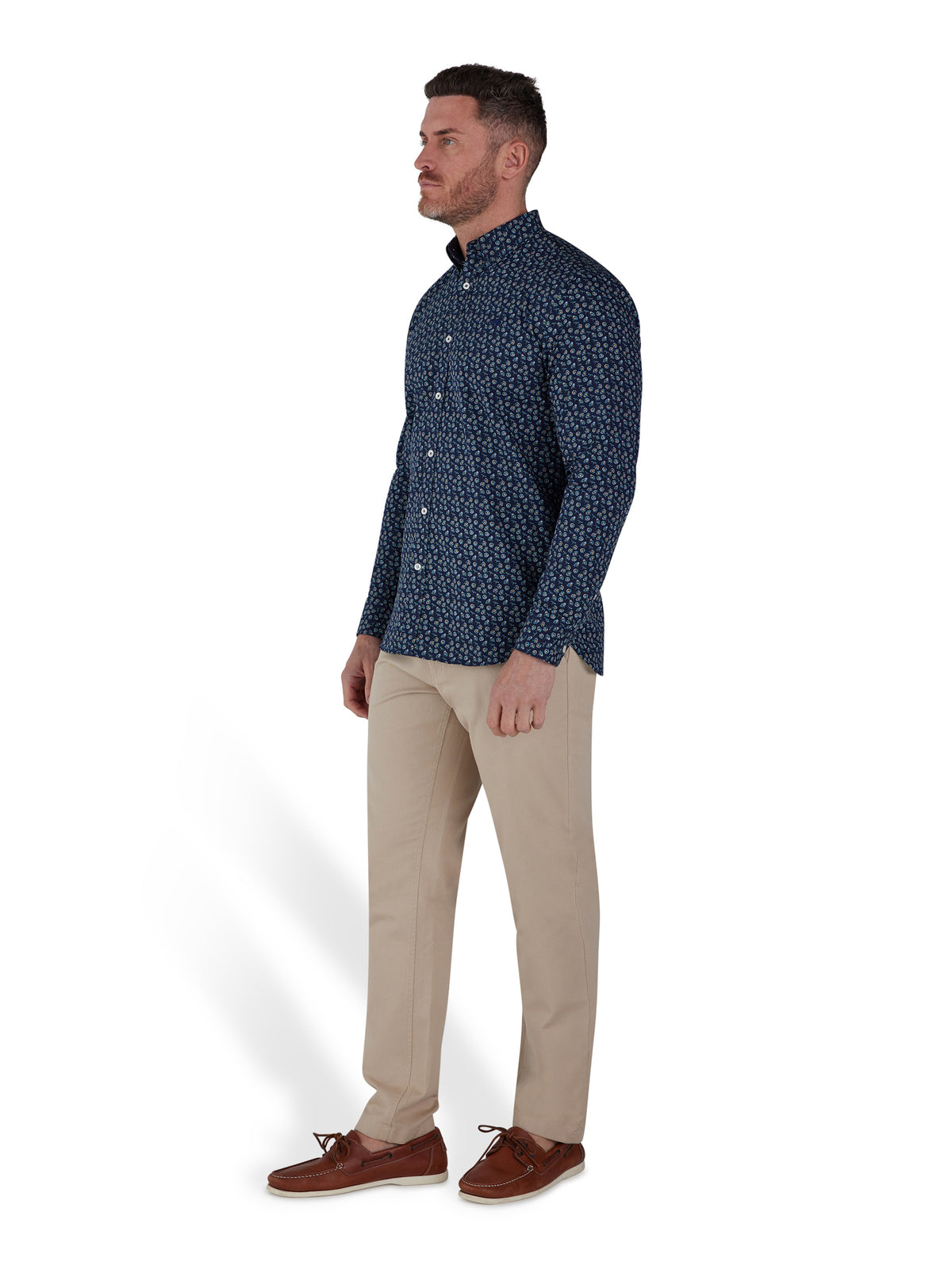 Long Sleeve Cotton Poplin Daisy Print Shirt - Navy