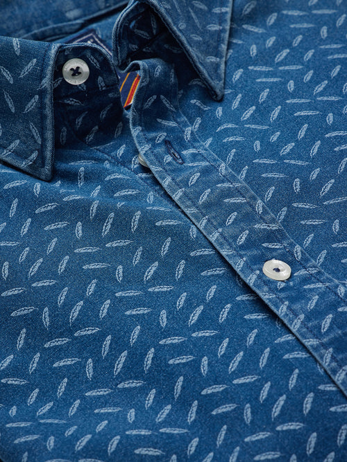 Long Sleeve Chambray Feather Print Shirt - Navy