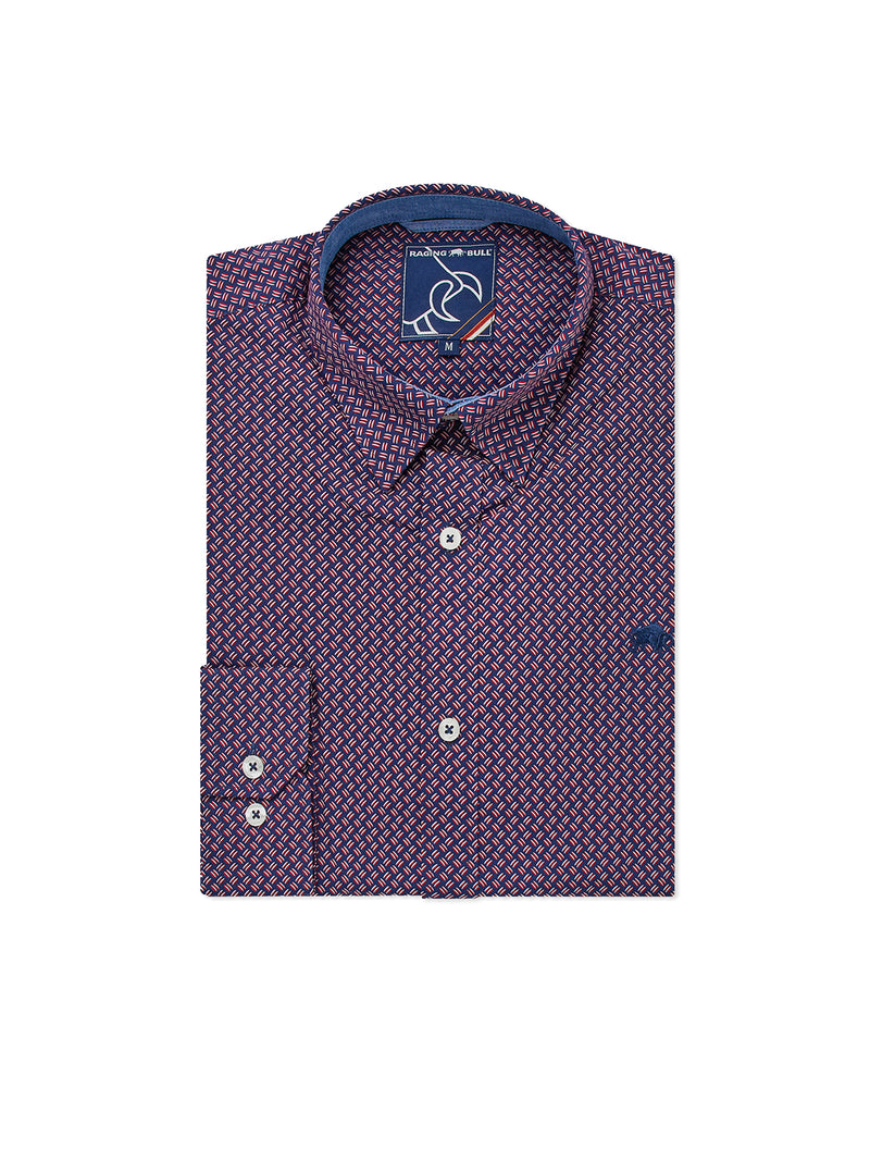 Long Sleeve Cotton Poplin Dash Geo Print Shirt - Red