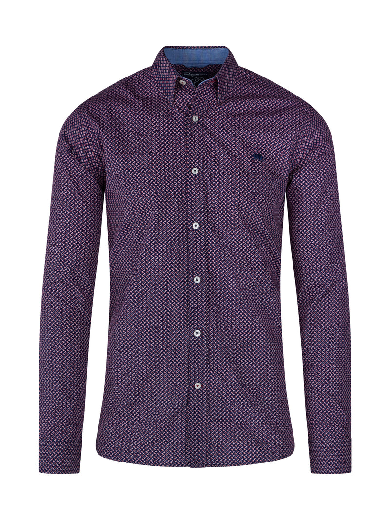 Long Sleeve Cotton Poplin Dash Geo Print Shirt - Red