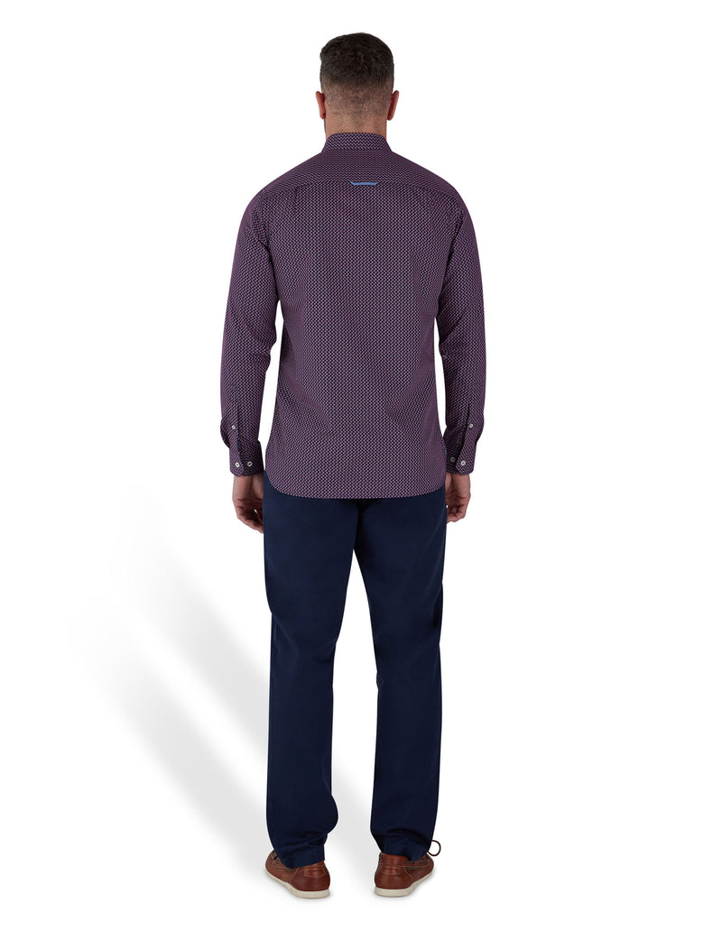 Long Sleeve Cotton Poplin Dash Geo Print Shirt - Red