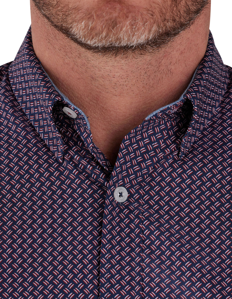 Long Sleeve Cotton Poplin Dash Geo Print Shirt - Red