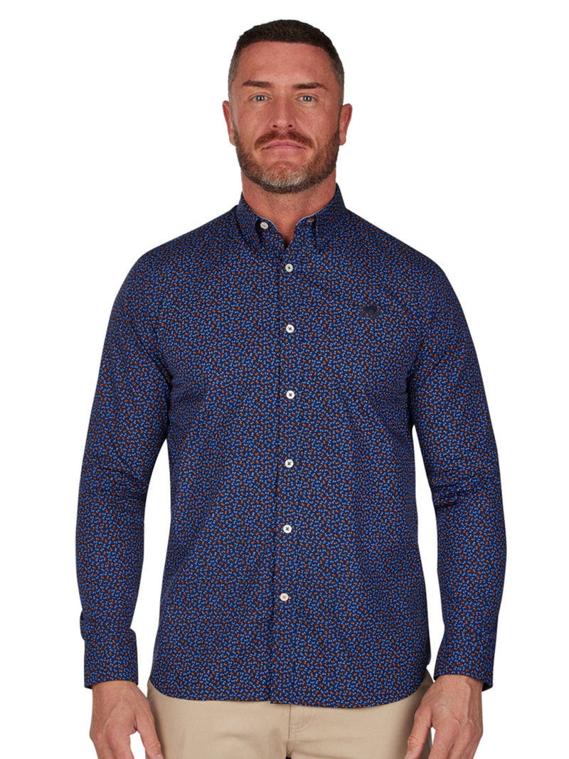 navy patterned shirt