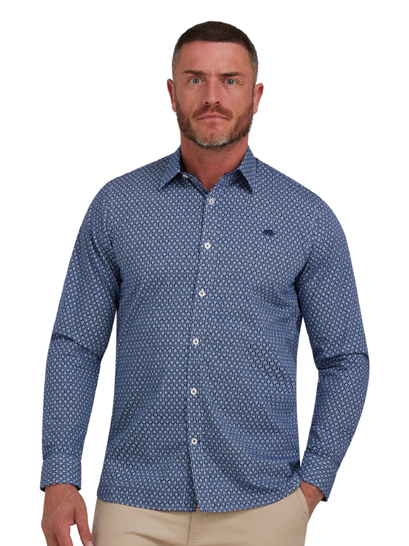 Long Sleeve Geometric Print Shirt - Navy