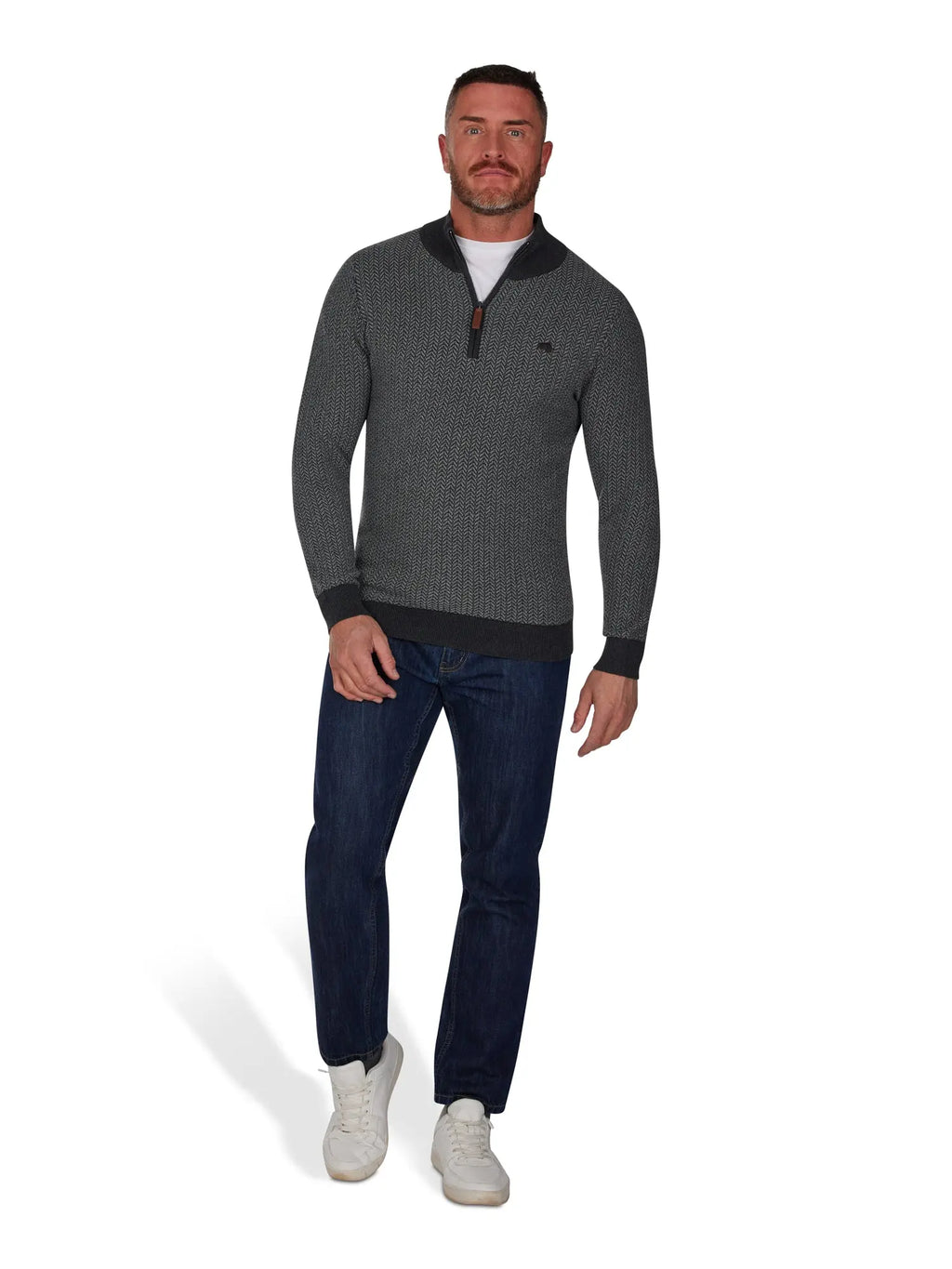 Herringbone Texture Quarter Zip Knit - Grey Marl