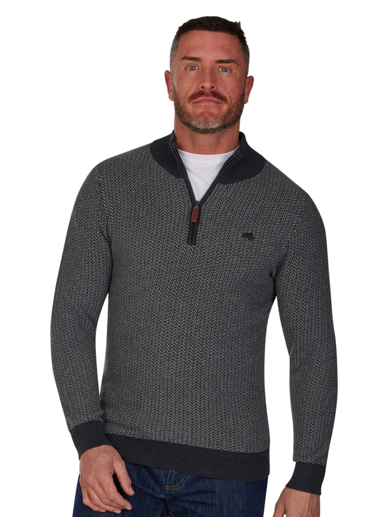 Herringbone Texture Quarter Zip Knit - Grey Marl