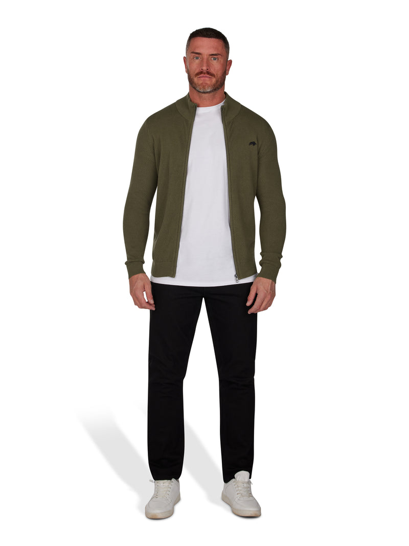 Pique Knit Zip Through Cardigan - Khaki